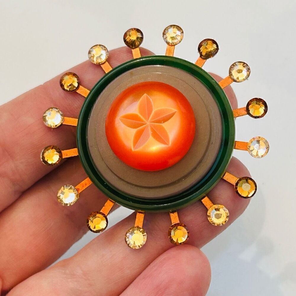 Upcycled Atomic Starburst Refrigerator Magnet Buttons Rhinestones 70’s Orange Gr